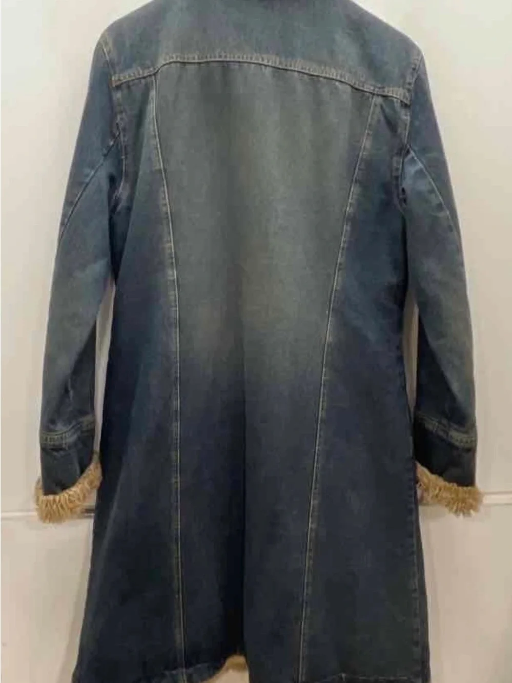Steve Madden Denim Trench Coat with Faux Fur Trim in Blue and Tan